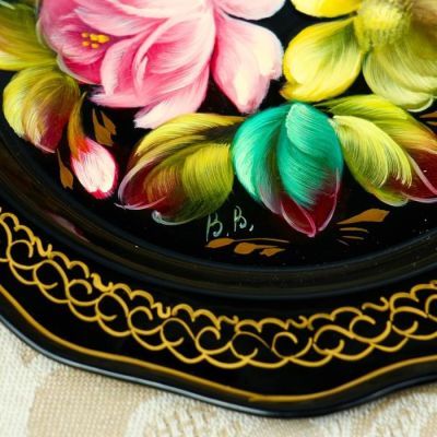 Поднос жостовский "Цветы", кружевной, автор Владыкина, D=17 см, малый, круг