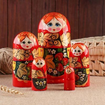 Матрёшка «Хохлома», красный платок, 5 кукольная, 17 см, ручная работа