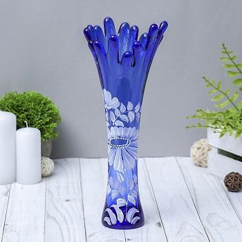 Ваза "Коралл" h 280 мм. из синего стекла (ручная роспись) рис. № 8 (Бел.)