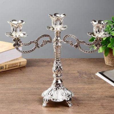 Подсвечник металл на 3 свечи "Цветочный" цвет серебро 20х23,5х7,7 см