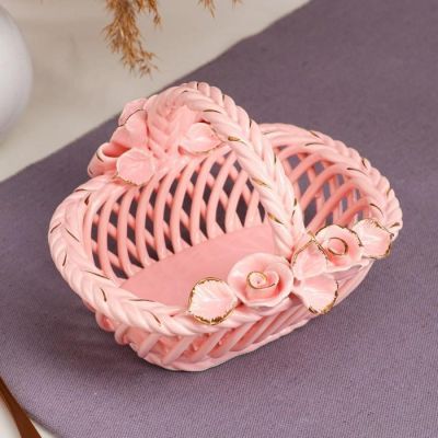 Конфетница "Олька", розовая, лепка, плетение, 13 см