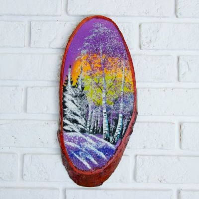 Картина "Зима" на срезе дерева 35 х 16 х 2 см, каменная крошка