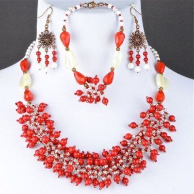 Комплект Коралл, перламутр, кахолонг "Страстный поцелуй" арт. ВАС-1486