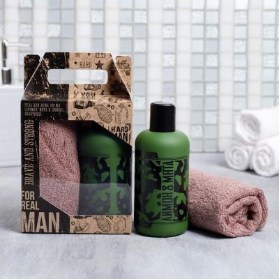 Набор For real men фляга гель для душа 250 мл аромат мята и цитрус, полотенце