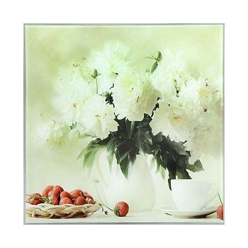 Картина на стекле "Белые пионы с клубникой" 30х30см