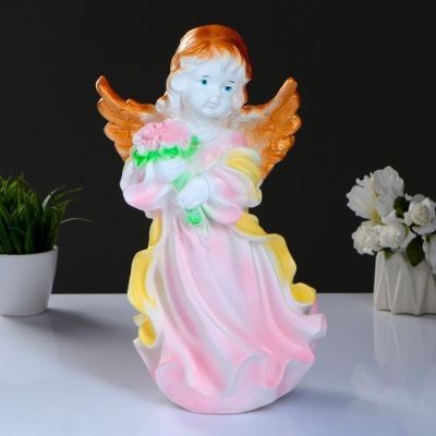 Фигура "Ангел в платье с букетом" бело-розовый 20х21х36см