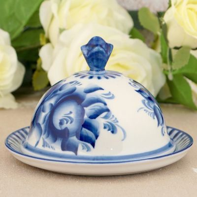 Маслёнка "Цветочек", гжель, фарфор, 2с