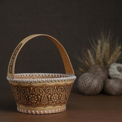 Корзинка  круглая с ручкой  "Цветы" d16 H18 см, береста
