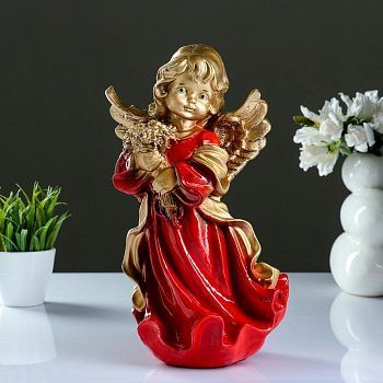 Фигура "Ангел в платье ассорти с букетом" золото 20х20х35см