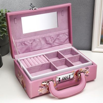 Шкатулка кожзам для украшений чемодан "Нарисованные цветы" 9,5х24х16,5 см