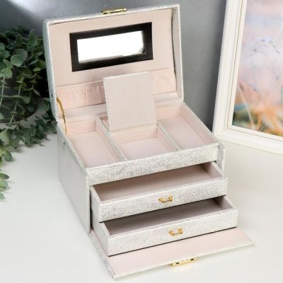 Шкатулка кожзам для украшений "Цветочное кружево" сундучок белая с серебром 14,5х22х16,5 см   519100