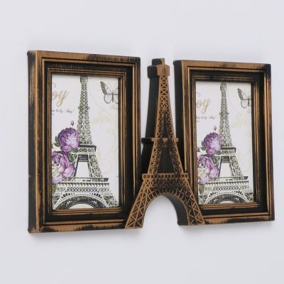 Фоторамка пластик на 2 фото 10х15 см "Эйфелева башня" тёмное золото 18,5х33 см
