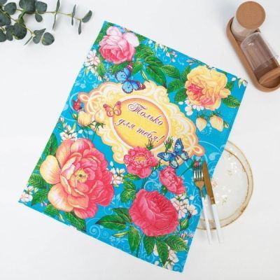 Полотенце вафельное  в коробке "Английская роза" 45х60 см, бирюза, 160 гр/м, хл,