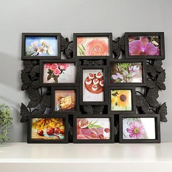 Фоторамка пластик на 11 фото 10х10, 10х15 см "Бабочки" чёрная 49х63 см