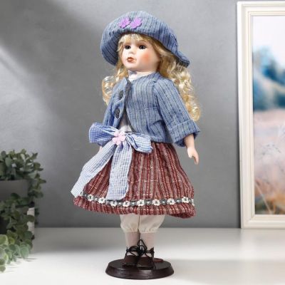 Кукла коллекционная керамика "Блондинка с кудрями, розовая юбка и голубой пиджак" 40 см