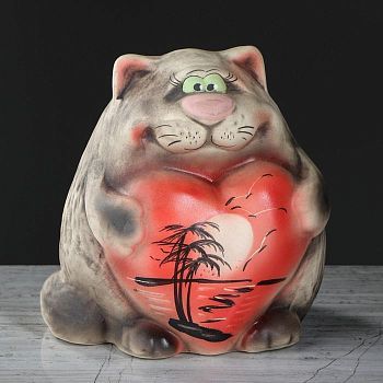 Копилка "Кот с сердцем", пейзаж, под шамот, серый, 16 см