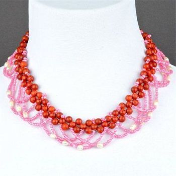 Колье Коралл, Жемчуг, Бисер "Вдохновение" арт. КАП-1435