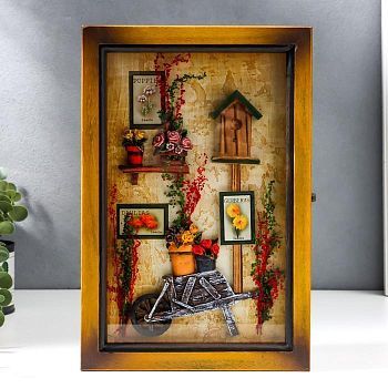 Ключница дерево 6 крючков "Тачка с цветами"  29х19,5х7 см