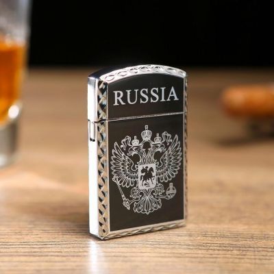 Зажигалка газовая "RUSSIA" с эмблемой двуглавого орла,  чёрная 1х3.5х6 см