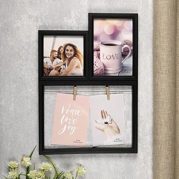 Фоторамка пластик на 4 фото 12х12, 10х15, 13х18 см "С прищепками" чёрная 40х28,5 см