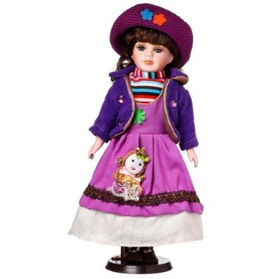 Кукла коллекционная керамика "Брюнетка с кудрями, в фиолетово-сиреневом наряде" 40 см