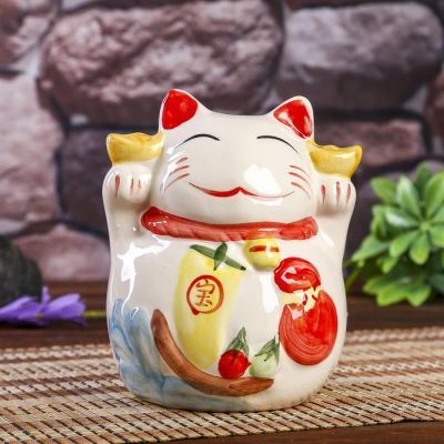 Сувенир кот копилка керамика "Манэки-нэко с рисунком на животе" МИКС 16х13х12,5 см
