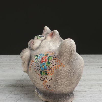 Копилка "Кот с мышкой", под шамот, чёрный, 16 см