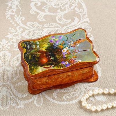 Шкатулка «Полевые цветы в горшке», коричневая, 8×11,5 см, лаковая миниатюра