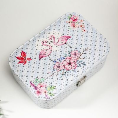 Шкатулка кожзам для украшений "Фламинго и цветы" блёстки 7х20х14 см