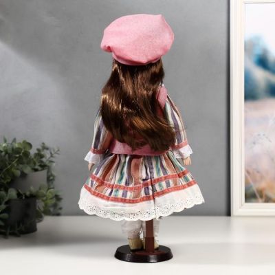 Кукла коллекционная керамика "Катя в платье в полоску и розовом жилете" 40 см