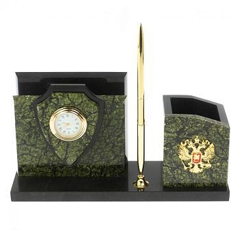 Настольный письменный набор из камня змеевик "Щит" с ручкой №29 (25 х 8 х 13 см)