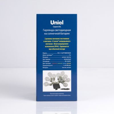Гирлянда Uniel «Нить» 4 м с насадками «Лампочки», IP44, прозрачная нить, 10 лампочек, свечение мульти, 1 режим, солнечная батарея