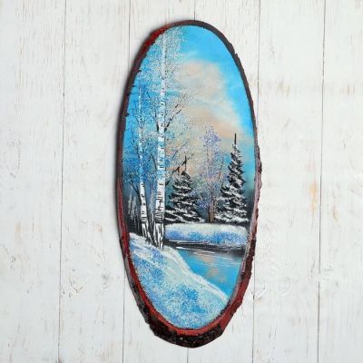 Картина "Зима" в форме среза дерева 60 см, каменная крошка