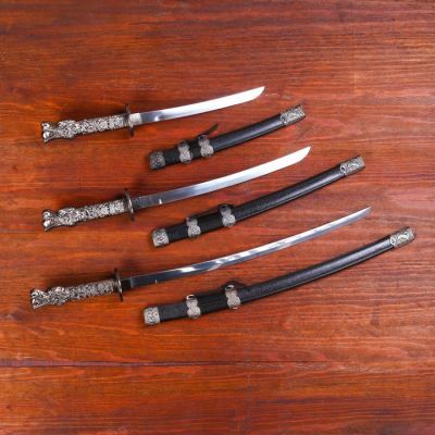 Сув. изделие катаны 3в1 на подставке, ножны кожзам, голова дракона черные 25/34/44см