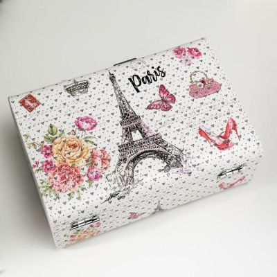 Шкатулка кожзам для украшений чемодан "Эйфелева башня и цветы" блёстки 9,5х24х16,5 см
