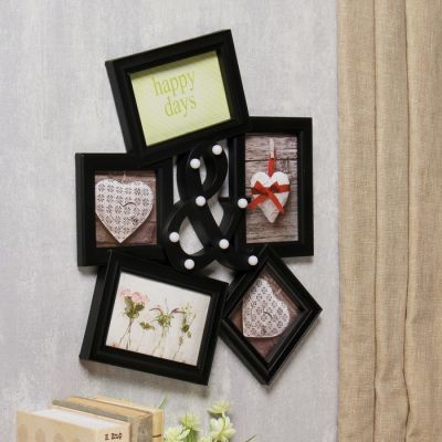 Фоторамка пластик на 5 фото 10х10, 10х15 см свет 8 диодов "И" чёрная 45х35,5 см