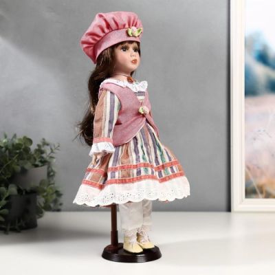 Кукла коллекционная керамика "Катя в платье в полоску и розовом жилете" 40 см
