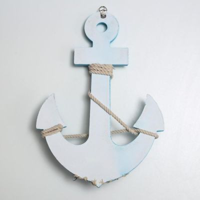 Крючки декоративные дерево "Якорь с сетью и морскими звёздами" голубой 32,5х22,5х5 см