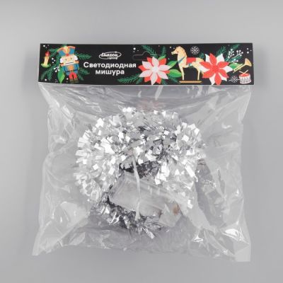 Гирлянда «Мишура» 2 м роса, IP20, серебристая нить, 44 LED, 6 слоёв, d=5 см, свечение белое, ААх2