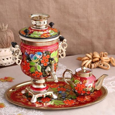 Набор «Рябина», 3 предмета, самовар 3 л, заварочный чайник 0,7 л, поднос