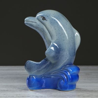 Копилка "Дельфин на волне", глазурь, серый цвет, 25 см