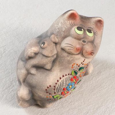 Копилка "Кот с рыбой", под шамот, 15,5 см, микс