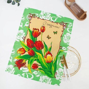 Полотенце вафельное  "С праздником" 45х60 см, салатовый, 160 гр/м, хл,