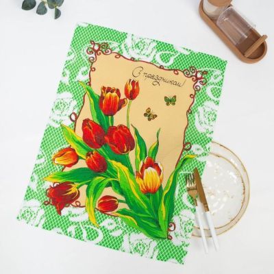 Полотенце вафельное  "С праздником" 45х60 см, салатовый, 160 гр/м, хл,