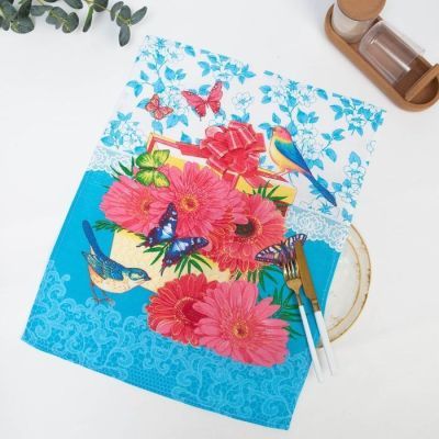 Полотенце вафельное  в коробке "Герберы" 45х60 см, бирюза, 160 гр/м, хл,