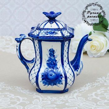 Чайник "Ларец № 2", гжель, фарфор, 20х20 см