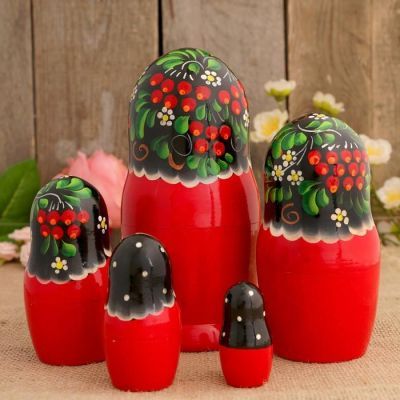 Матрёшка «Снегири в рябине», чёрный платок, 5 кукольная, 18 см