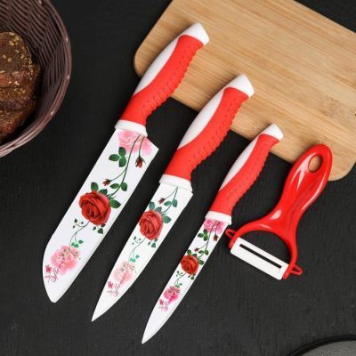 Набор кухонный на подставке «Роза любви», антиналипающее покрытие, 4 предмета: ножи 12 см, 14 см, 17 см, овощечистка, цвет красный