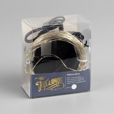 Гирлянда «Нить» 20 м роса, IP20, серебристая нить, 200 LED, свечение белое, 12 В