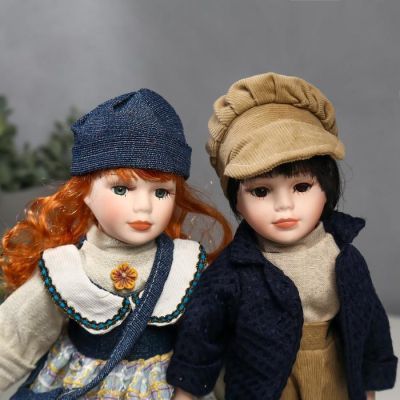 Кукла коллекционная парочка набор 2 шт "Злата и Сева в синих нарядах в полосочку" 30 см